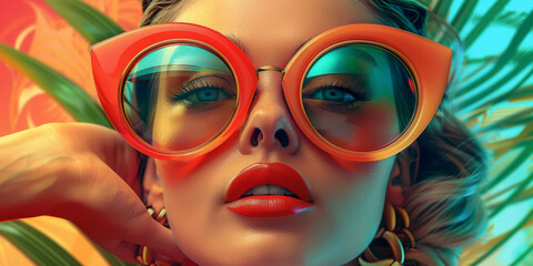 Retro style pastel colors summer background. Fashion woman wearing big sunglasses.