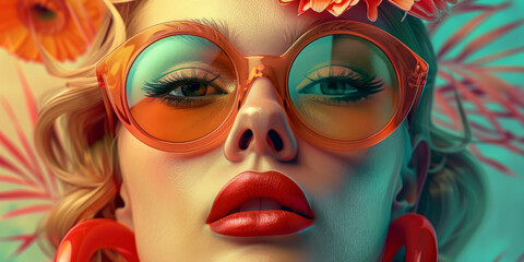 Obraz premium Retro style pastel colors summer background. Fashion woman wearing big sunglasses.