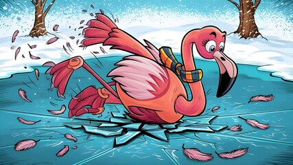 A humorous cartoon of a clumsy flamingo tumbling on the ice, surrounded by scattered feathers in a comic book style