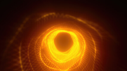 Abstract bright yellow glowing background with a tunnel of lines and stripes of energy of burning rays of plasma and electricity with light