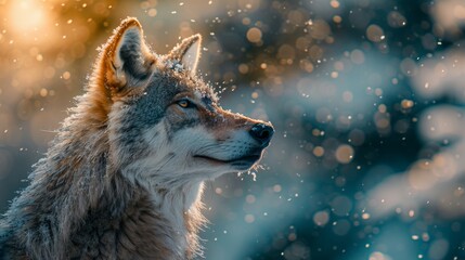 Obraz premium A Close up of a Wolf Staring off Into the Distance With Snow Falling Around It - Generative AI