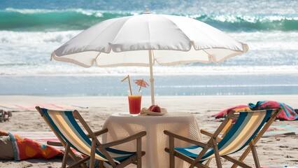 A serene beach scene featuring a glass of fresh juice on a table, partially shaded by a colorful umbrella