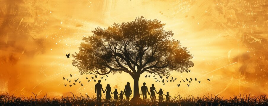 Silhouette of a family standing together underneath a tree