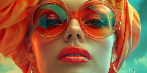 Fototapeta premium Retro style pastel colors summer background. Fashion woman wearing big sunglasses.