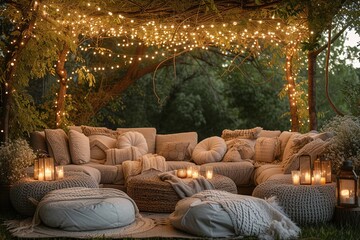 Boho glam outdoor lounge with plush seating and string lights.
