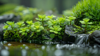 A close-up of nature brook plants growing at the water's edge