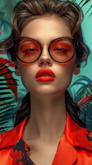 Fototapeta premium Retro style pastel colors summer background. Fashion woman wearing big sunglasses.
