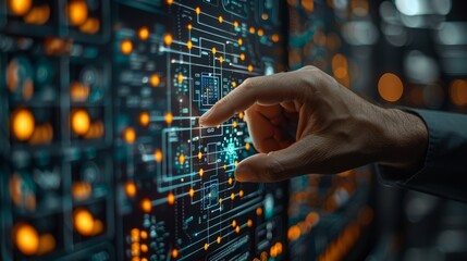 A diagram showing machine learning technology with artificial intelligence (AI), neural networks, automation, and data mining. A businessman handles modern technology while surrounded by a digital