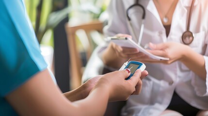 Obraz premium A close-up of a healthcare professional explaining the use of a glucometer to a patient in a clinical setting, emphasizing patient care and medical education.