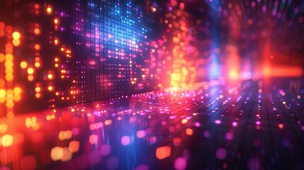 An abstract technology background illustrating data flow, business analytics, and artificial intelligence in a digitally generated neon design.