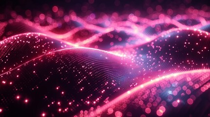 A digital technology banner with a green pink background concept with light effects, technology innovation, big data, lines dots connections, illustration modern.