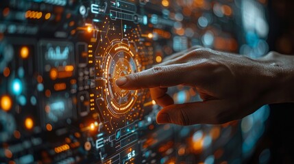Businessman shows results of intelligent AI learning system on a virtual screen. Concept of mimicking human learning through data and algorithms.