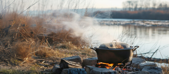 The photograph shows a tourist cauldron standing on a fire, from which steam rises. The pot sits on the river bank, surrounded by dry grasses and trees in the background.