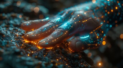 A hand-touching digital chatbot that provides access to information and data in online networks, robot applications and global connections, and AI, artificial intelligence, innovation, and