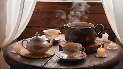 Hot tea and laptop on wooden table