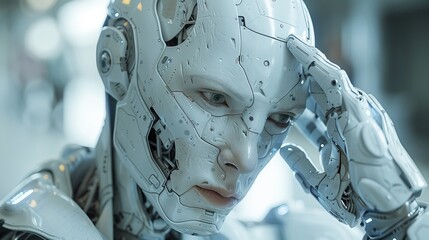 The body of a white male cyborg is portrayed in 3D as he is thinking and touching his head