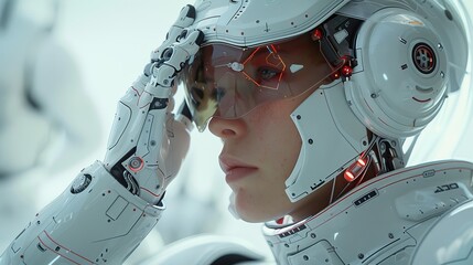 3D rendering of a white male cyborg thinking and touching his head