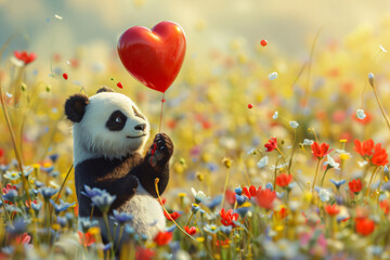 A baby panda holding a red balloon in a field of flowers