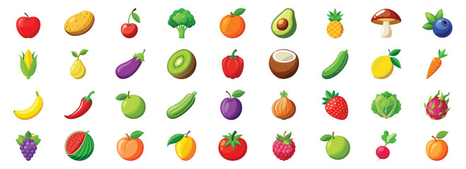 Set of colorful berries and fruits, vegetables. Different vector fruits and vegetables icon set. Vector illustration