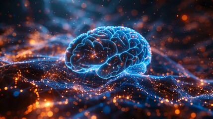 Abstract blue polygonal brain hologram on blurry background. AI and machine learning concept. 3D rendering.