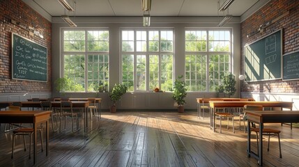 An animated collage of a classroom interior with a desk and a chair for teaching and learning