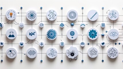 Illustration of machine learning and data analysis thin line icons. Outline of algorithms and automatic smart processes, circuit in a digital robot brain, future technology.