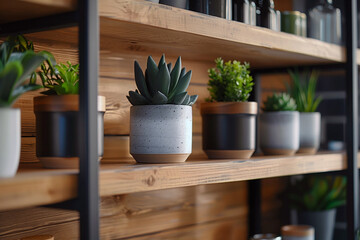 Green house plants in pots on a living room shelf, modern home decor