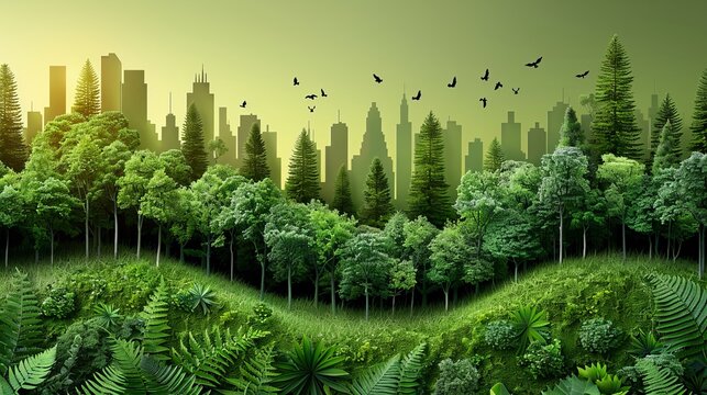 Human thinking towards preserving nature, reducing carbon footprint, and building sustainable urban communities is depicted in this image.