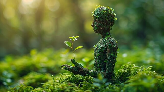 A sustainable environment concept depicting human thinking towards preserving nature, reducing carbon footprints, and creating green urban communities.