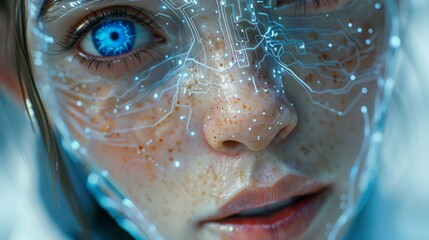 A humanoid robot with blue eyes and a visible neural network and circuit board symbolizing AI and futuristic technology.