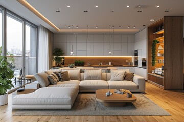 Modern living room with sofa and cozy cushions