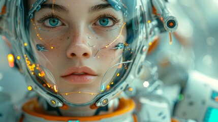 Artificial intelligence in a cyborg girl's head and electronic brain. Neural network trained using a virtual hud interface. Machine learning technology concept. Robot with artificial intelligence.