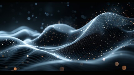 Connecting dots and lines with wave flow. Big data visualization, social networking, global network connection and communication technology background.