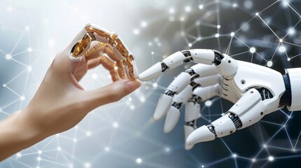 Invention of artificial intelligence. Robot hand touching human. A connection for the transition between analog and digital. Exchange of data and network, and deep learning through machines.