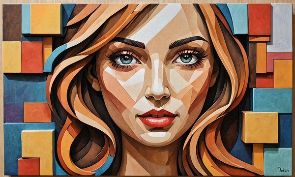 fond d'cran repr&eacute;sentant une peinture en relief d'un visage de femme entour&eacute; de formes g&eacute;om&eacute;triques et prismatiques