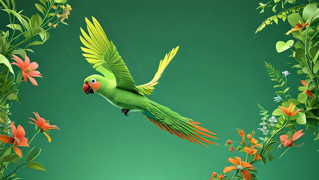 abstract 3D shape flying parot, foliage and flowers incorporated, light emitting, green background - generated by ai
