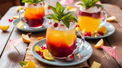 Italian soda with mint leaves on ice colorful of fruit juice on wooden table