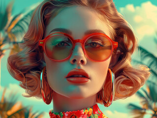 Obraz premium Retro style pastel colors summer background. Fashion woman wearing big sunglasses.