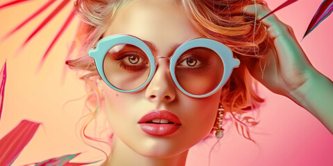 Fototapeta premium Retro style pastel colors summer background. Fashion woman wearing big sunglasses.