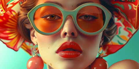 Obraz premium Retro style pastel colors summer background. Fashion woman wearing big sunglasses.