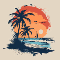 Tropical beach with palm trees and sunset. Vector illustration.
