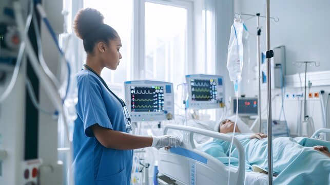 African-American female nurse attentively checking the vitals of a patient in the ICU, surrounded by medical equipment and monitors.