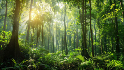 Sunlit Path Through Lush Green Forest with Dense Foliage and Stream

