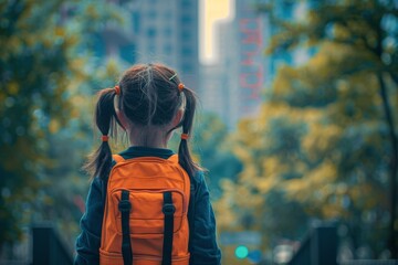 Young Girl With Orange Backpack Looking at City Buildings