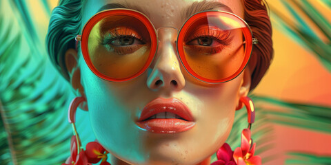 Obraz premium Retro style pastel colors summer background. Fashion woman wearing big sunglasses.