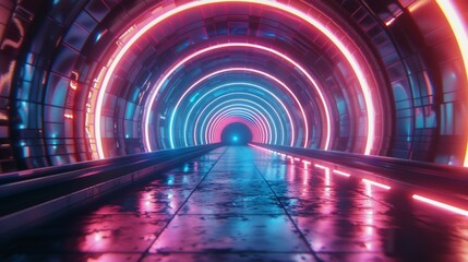 Neon Lights Illuminate Empty Concrete Corridor