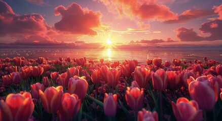 Red Tulips Blooming at Sunset by a Tranquil Lake