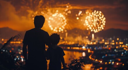 Two Silhouettes Watching Fireworks Over a Cityscape at Night