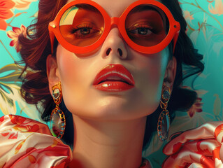 Fototapeta premium Retro style pastel colors summer background. Fashion woman wearing big sunglasses.