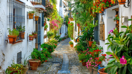 Charming Narrow Alleyway with Colorful Flower Pots and Cobblestone Path in a Mediterranean Village

